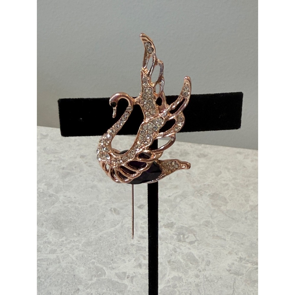 Rose Gold Tone Rhinestone Swan Brooch Crystal Bird Pin Purple purple Stone